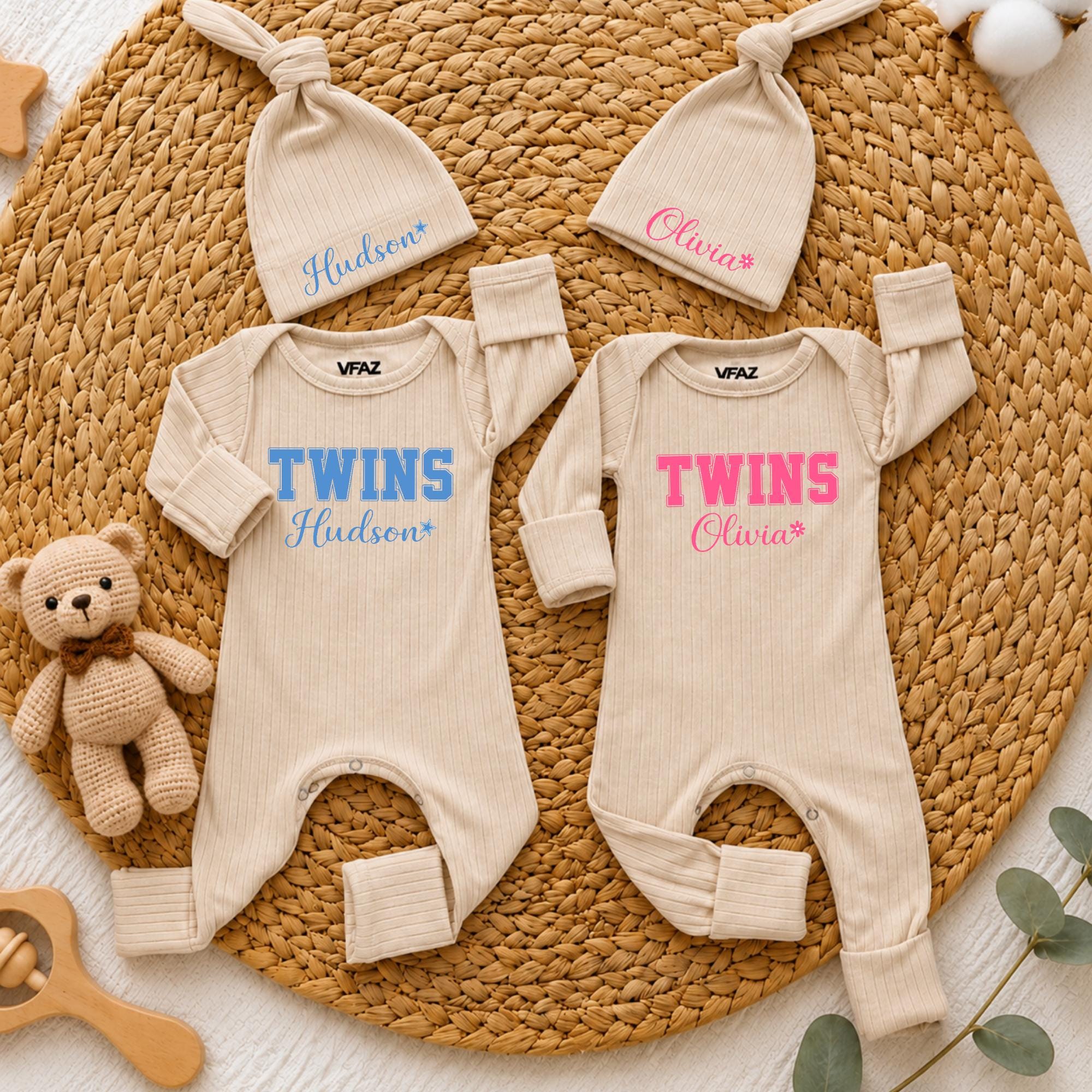 Custom Twins Baby Bodysuit & Hat Set with Names, Beige Cotton Outfit for Newborns, Baby Shower Gift, Infant Coming Home Outfit