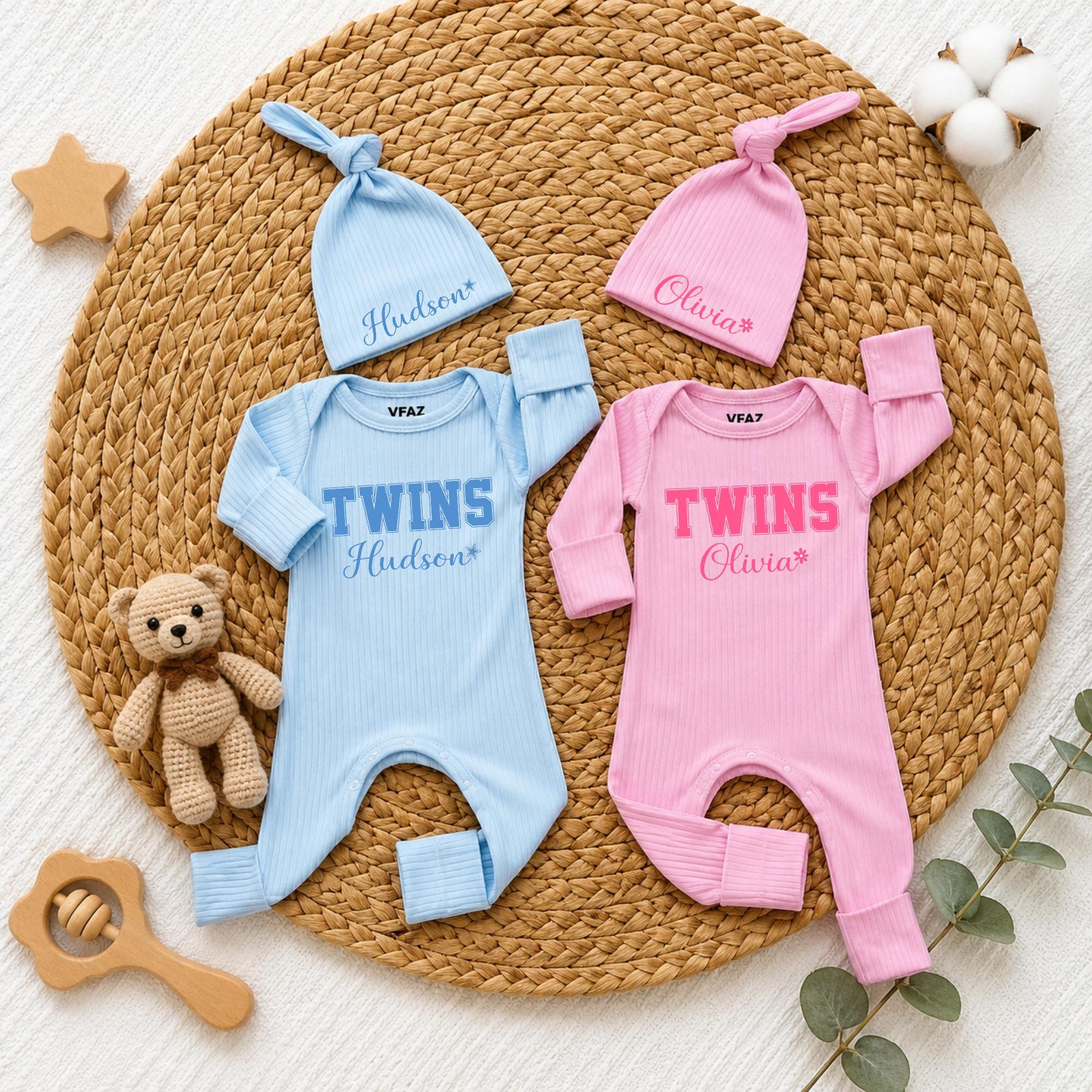 Custom Twins Baby Bodysuit & Hat Set with Names, Beige Cotton Outfit for Newborns, Baby Shower Gift, Infant Coming Home Outfit