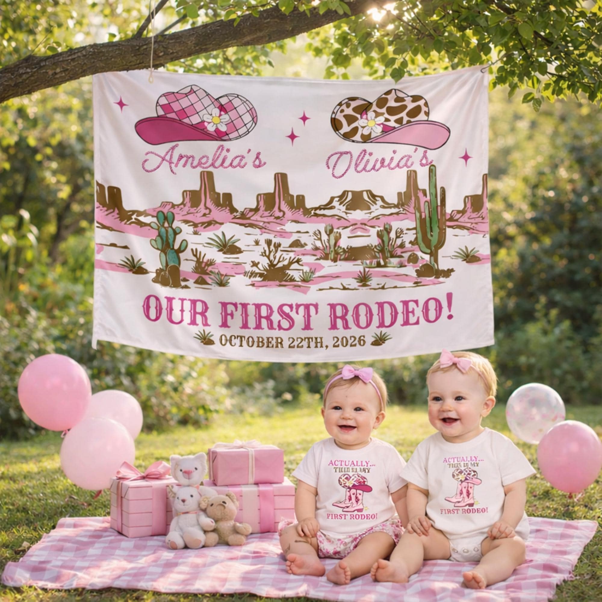 Custom Twins Cowgirl Birthday Banner My First Rodeo Party Decor Pink Boot Floral Design Western Theme 1st Birthday Backdrop Gift