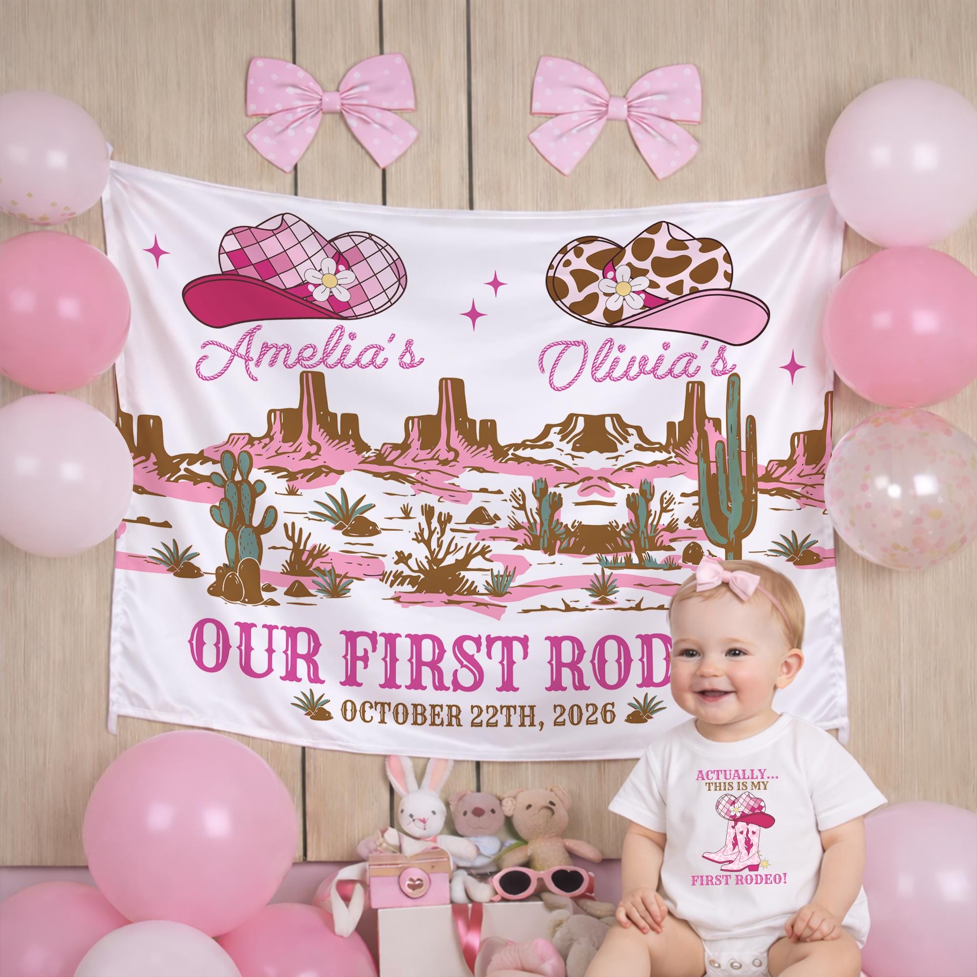 Custom Twins Cowgirl Birthday Banner My First Rodeo Party Decor Pink Boot Floral Design Western Theme 1st Birthday Backdrop Gift