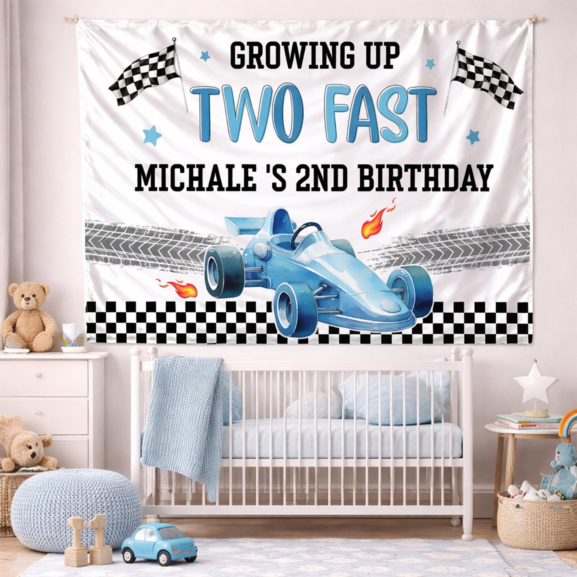 Custom Two Fast 2nd Birthday Banner Blue Race Car Backdrop for Toddler Party Michale's Name Checkered Flags Flames Vibrant Design