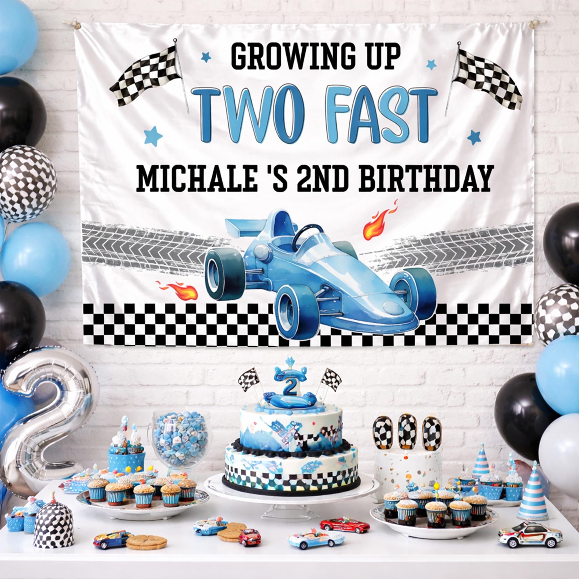 Custom Two Fast 2nd Birthday Banner Blue Race Car Backdrop for Toddler Party Michale's Name Checkered Flags Flames Vibrant Design