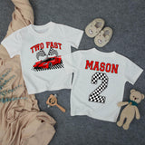 Custom Two Fast Racing Car Toddler Shirt with Checkered Flags, Personalized Name & Age, Soft Cotton Matching Family Outfit for 2nd Birthday