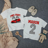 Custom Two Fast Racing Car Toddler Shirt with Checkered Flags, Personalized Name & Age, Soft Cotton Matching Family Outfit for 2nd Birthday