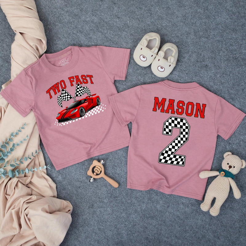 Custom Two Fast Racing Car Toddler Shirt with Checkered Flags, Personalized Name & Age, Soft Cotton Matching Family Outfit for 2nd Birthday