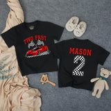 Custom Two Fast Racing Car Toddler Shirt with Checkered Flags, Personalized Name & Age, Soft Cotton Matching Family Outfit for 2nd Birthday
