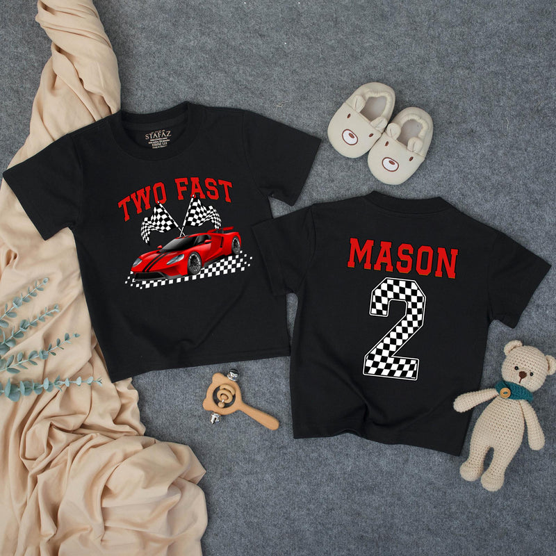 Custom Two Fast Racing Car Toddler Shirt with Checkered Flags, Personalized Name & Age, Soft Cotton Matching Family Outfit for 2nd Birthday