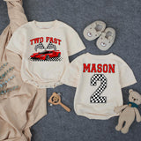 Custom Two Fast Racing Car Toddler Shirt with Checkered Flags, Personalized Name & Age, Soft Cotton Matching Family Outfit for 2nd Birthday