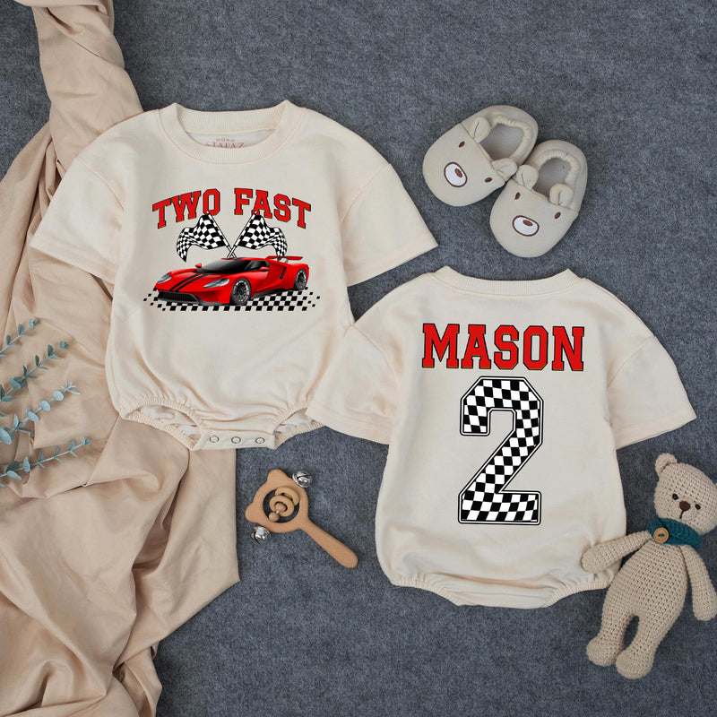 Custom Two Fast Racing Car Toddler Shirt with Checkered Flags, Personalized Name & Age, Soft Cotton Matching Family Outfit for 2nd Birthday