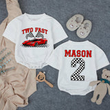 Custom Two Fast Racing Car Toddler Shirt with Checkered Flags, Personalized Name & Age, Soft Cotton Matching Family Outfit for 2nd Birthday