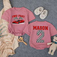 Custom Two Fast Racing Car Toddler Shirt with Checkered Flags, Personalized Name & Age, Soft Cotton Matching Family Outfit for 2nd Birthday