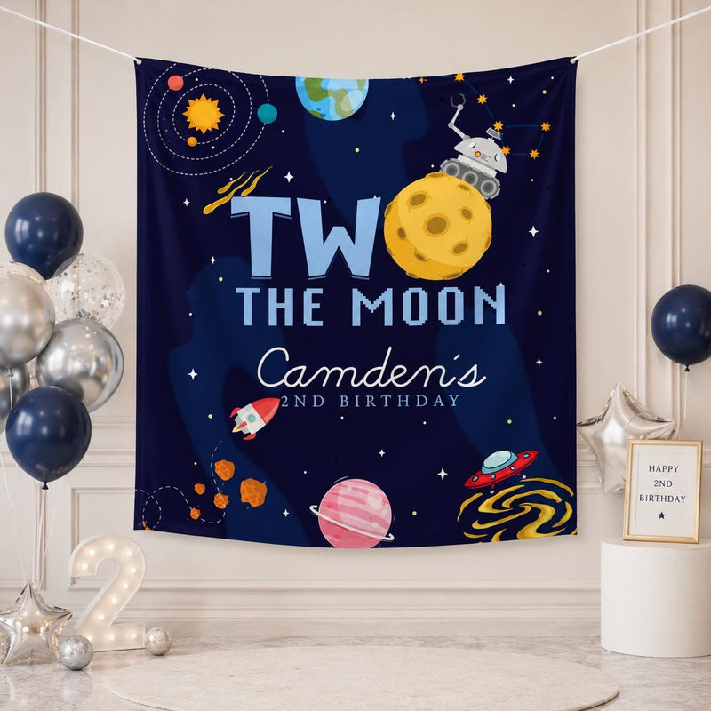 Custom Two the Moon Birthday Silk Banner for Toddler Boys, Outer Space Rocket Theme Party Backdrop Décor, 2nd Birthday Celebration Prop