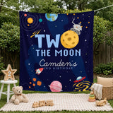 Custom Two the Moon Birthday Silk Banner for Toddler Boys, Outer Space Rocket Theme Party Backdrop Décor, 2nd Birthday Celebration Prop