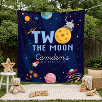 Custom Two the Moon Birthday Silk Banner for Toddler Boys, Outer Space Rocket Theme Party Backdrop Décor, 2nd Birthday Celebration Prop