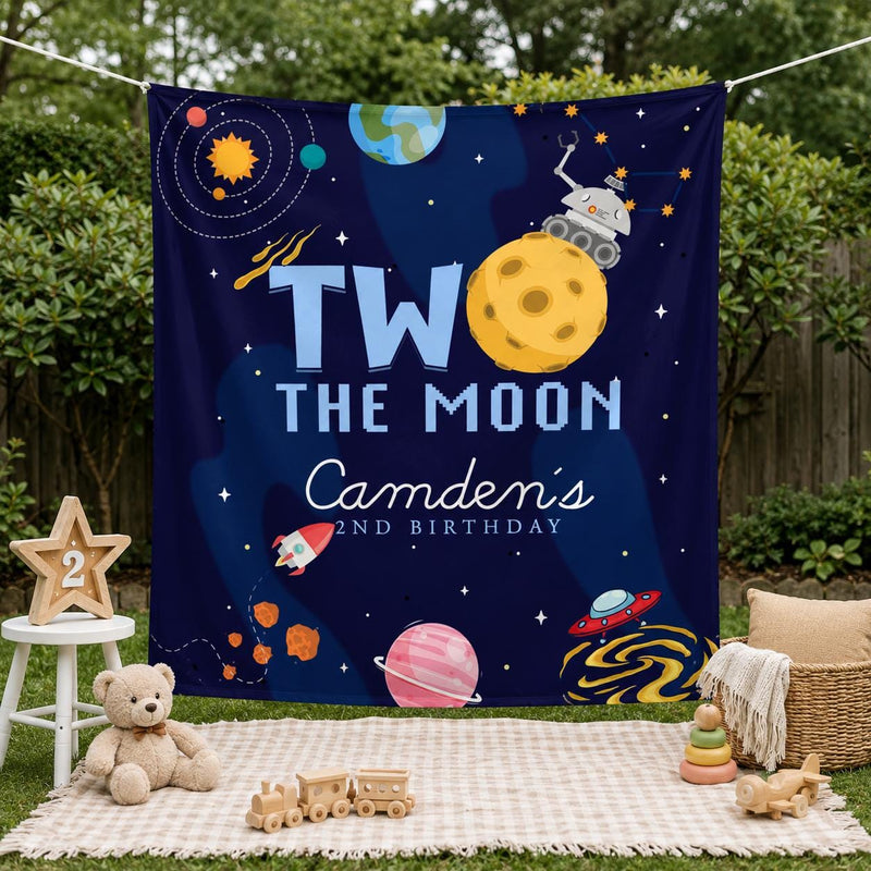Custom Two the Moon Birthday Silk Banner for Toddler Boys, Outer Space Rocket Theme Party Backdrop Décor, 2nd Birthday Celebration Prop