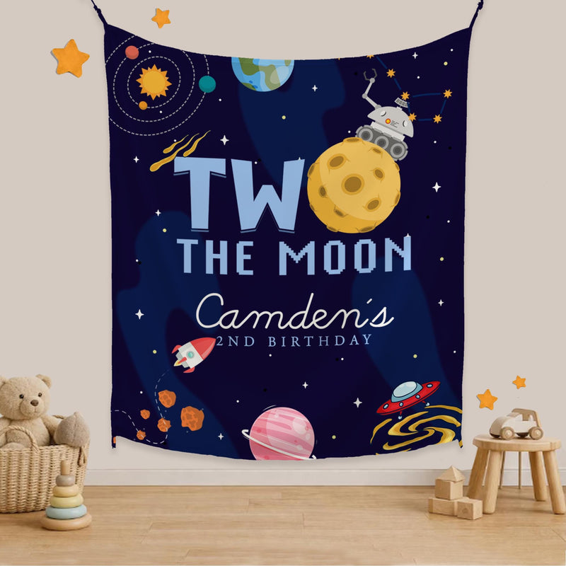 Custom Two the Moon Birthday Silk Banner for Toddler Boys, Outer Space Rocket Theme Party Backdrop Décor, 2nd Birthday Celebration Prop