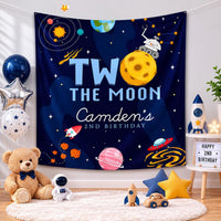Custom Two the Moon Birthday Silk Banner for Toddler Boys, Outer Space Rocket Theme Party Backdrop Décor, 2nd Birthday Celebration Prop