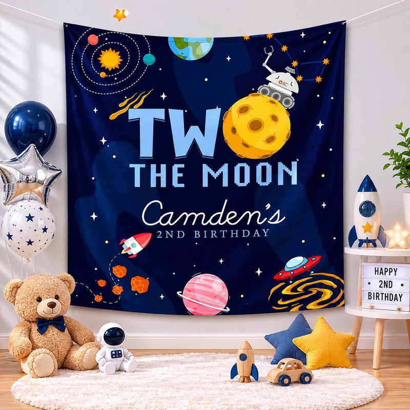 Custom Two the Moon Birthday Silk Banner for Toddler Boys, Outer Space Rocket Theme Party Backdrop Décor, 2nd Birthday Celebration Prop