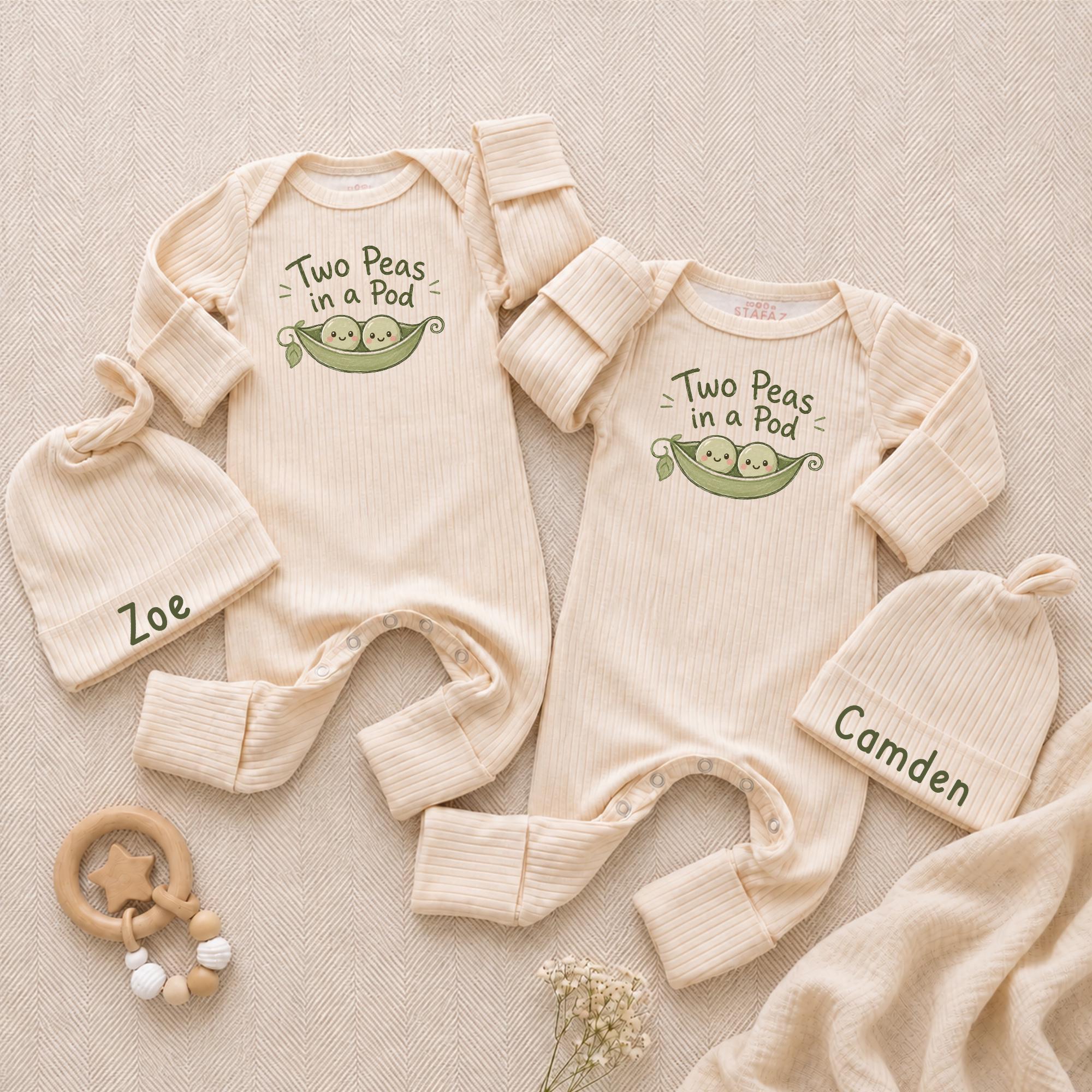Custom Two Peas in a Pod Newborn Baby Bodysuit and Knot Hat Set, Soft Cotton Outfit for Twins, Adorable Baby Shower Gift or Coming Home Look