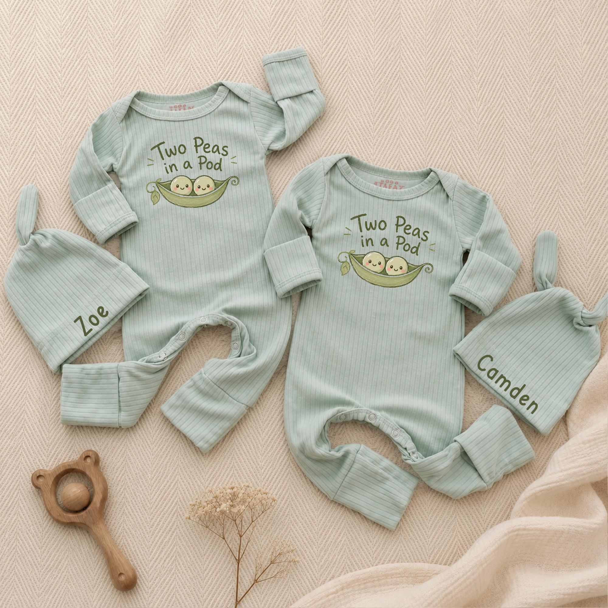 Custom Two Peas in a Pod Newborn Baby Bodysuit and Knot Hat Set, Soft Cotton Outfit for Twins, Adorable Baby Shower Gift or Coming Home Look