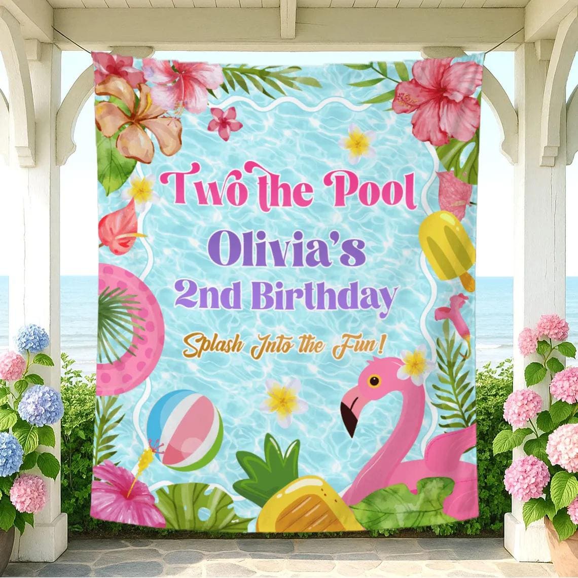 Custom Two the Pool Birthday Banner, Tropical Summer Party Decor, Personalized Pool Theme with Flamingo, Hibiscus, Palm Leaves, Popsicle