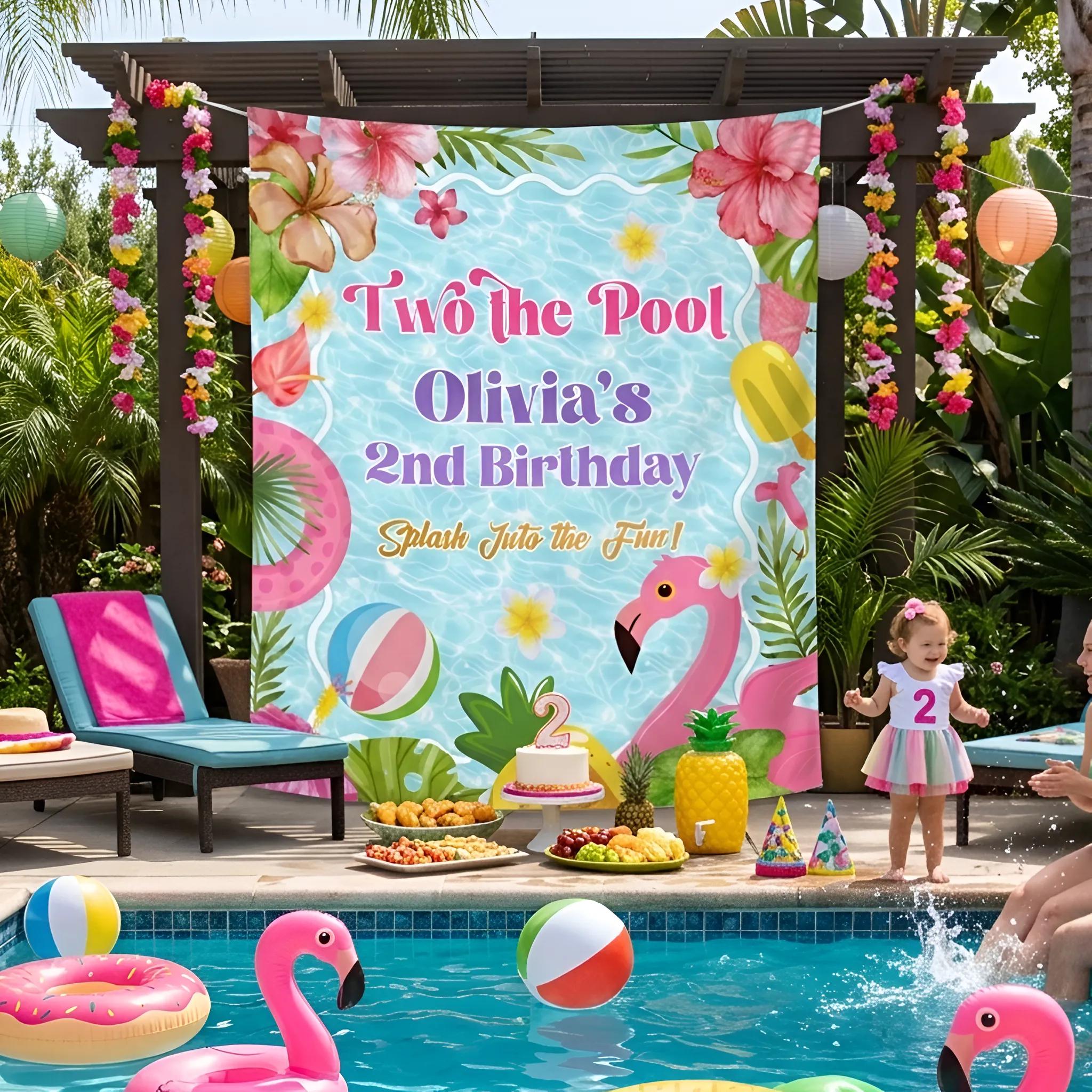 Custom Two the Pool Birthday Banner, Tropical Summer Party Decor, Personalized Pool Theme with Flamingo, Hibiscus, Palm Leaves, Popsicle