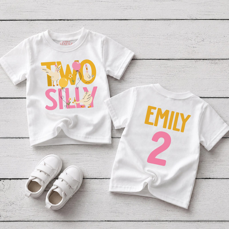 Custom Two Silly Goose 2nd Birthday Girl Shirt with Name, Kids' Soft Cotton Tee for Toddler Milestone Party, Playful Design, Summer Wear