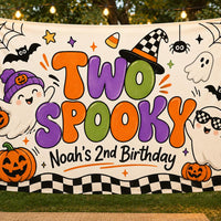 Custom Two Spooky Boy Silk Banner with Ghosts, Pumpkins & Witch Hat Design for Halloween or 2nd Birthday Party Decorations