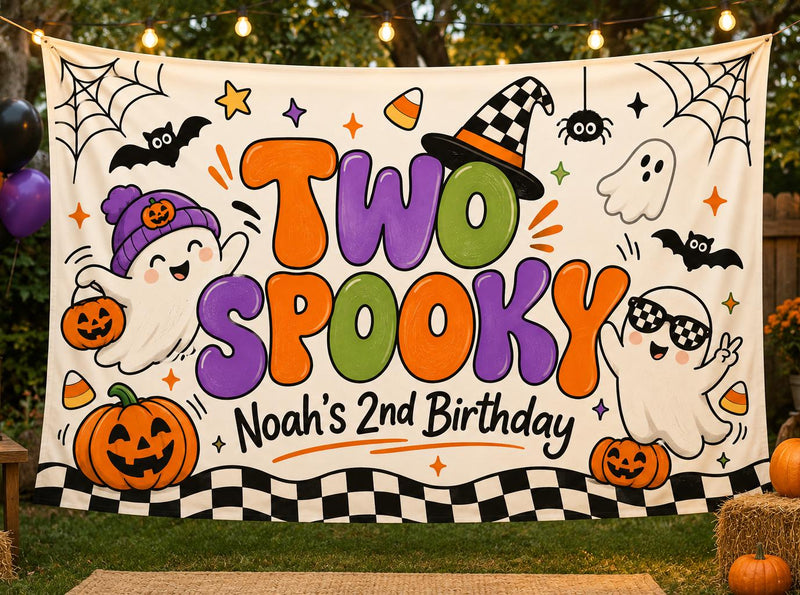 Custom Two Spooky Boy Silk Banner with Ghosts, Pumpkins & Witch Hat Design for Halloween or 2nd Birthday Party Decorations