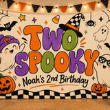 Custom Two Spooky Boy Silk Banner with Ghosts, Pumpkins & Witch Hat Design for Halloween or 2nd Birthday Party Decorations