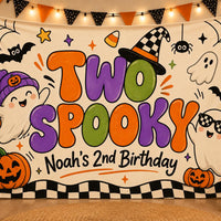 Custom Two Spooky Boy Silk Banner with Ghosts, Pumpkins & Witch Hat Design for Halloween or 2nd Birthday Party Decorations