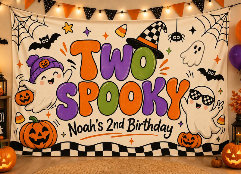 Custom Two Spooky Boy Silk Banner with Ghosts, Pumpkins & Witch Hat Design for Halloween or 2nd Birthday Party Decorations