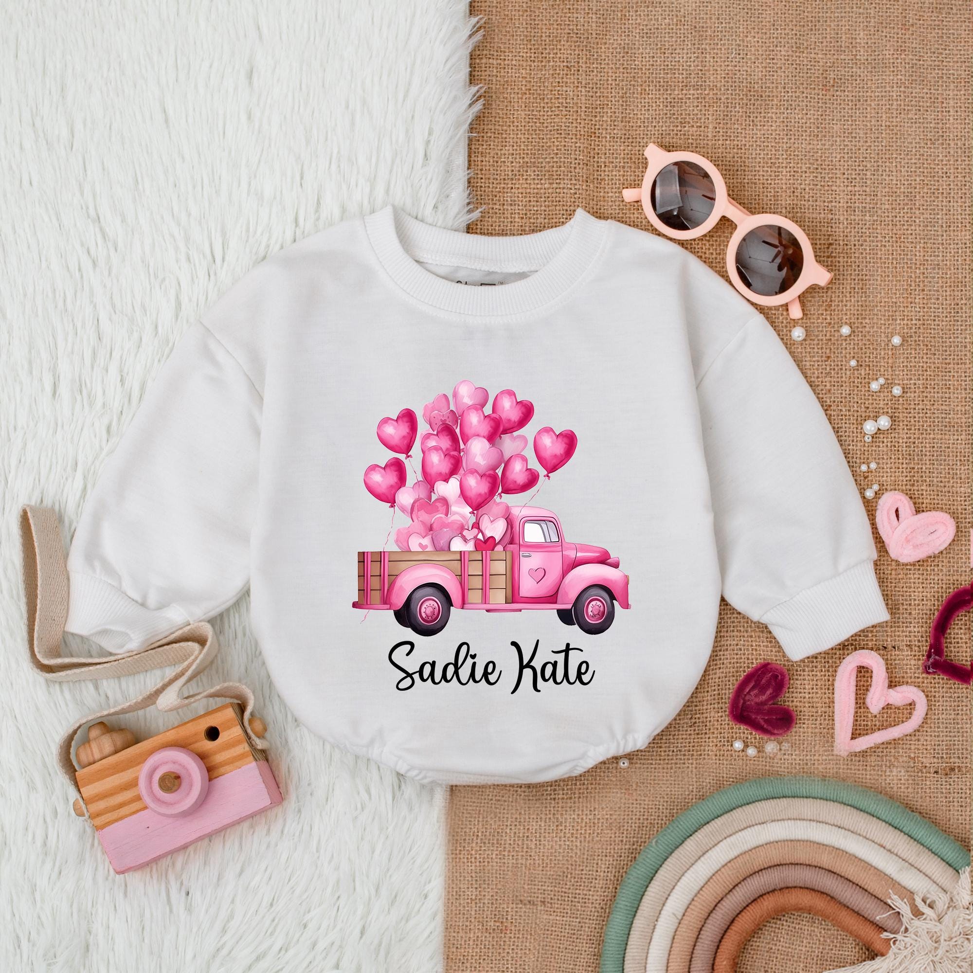 Custom Valentine's Baby Bubble Romper with Pink Truck and Heart Balloons First Holiday Outfit for Girls Soft Cotton Personalized Name