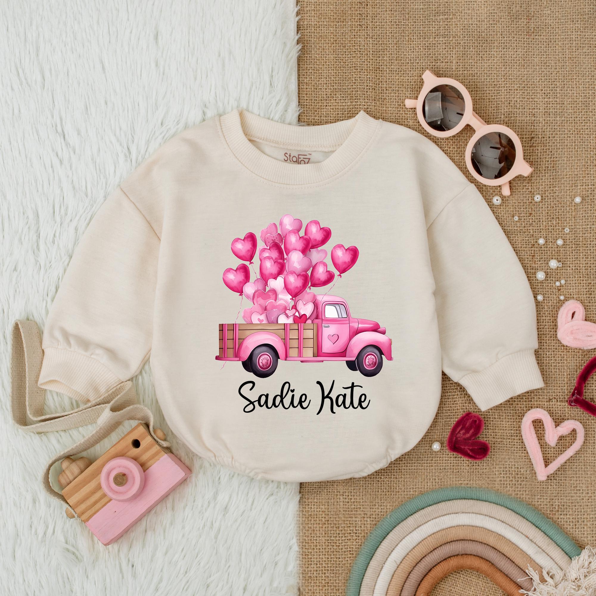 Custom Valentine's Baby Bubble Romper with Pink Truck and Heart Balloons First Holiday Outfit for Girls Soft Cotton Personalized Name