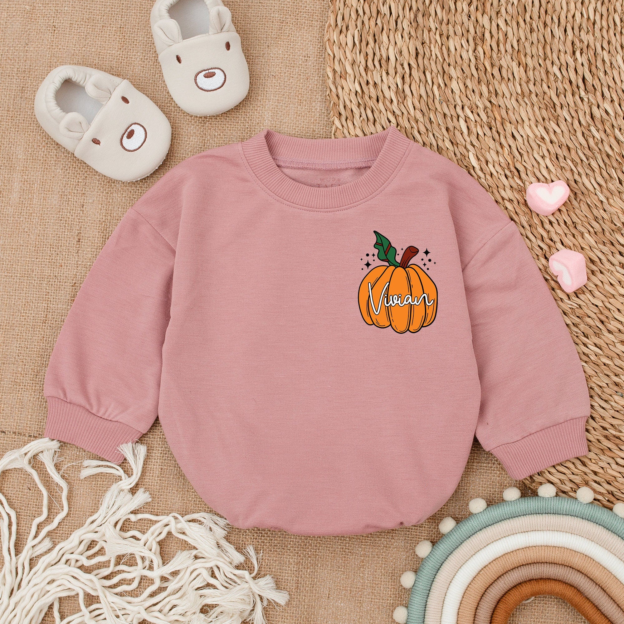 Custom Vivian Pumpkin Romper Baby Girl Thanksgiving Outfit Soft Autumn Colors Comfortable Fall Baby Clothes Personalized Seasonal Gift