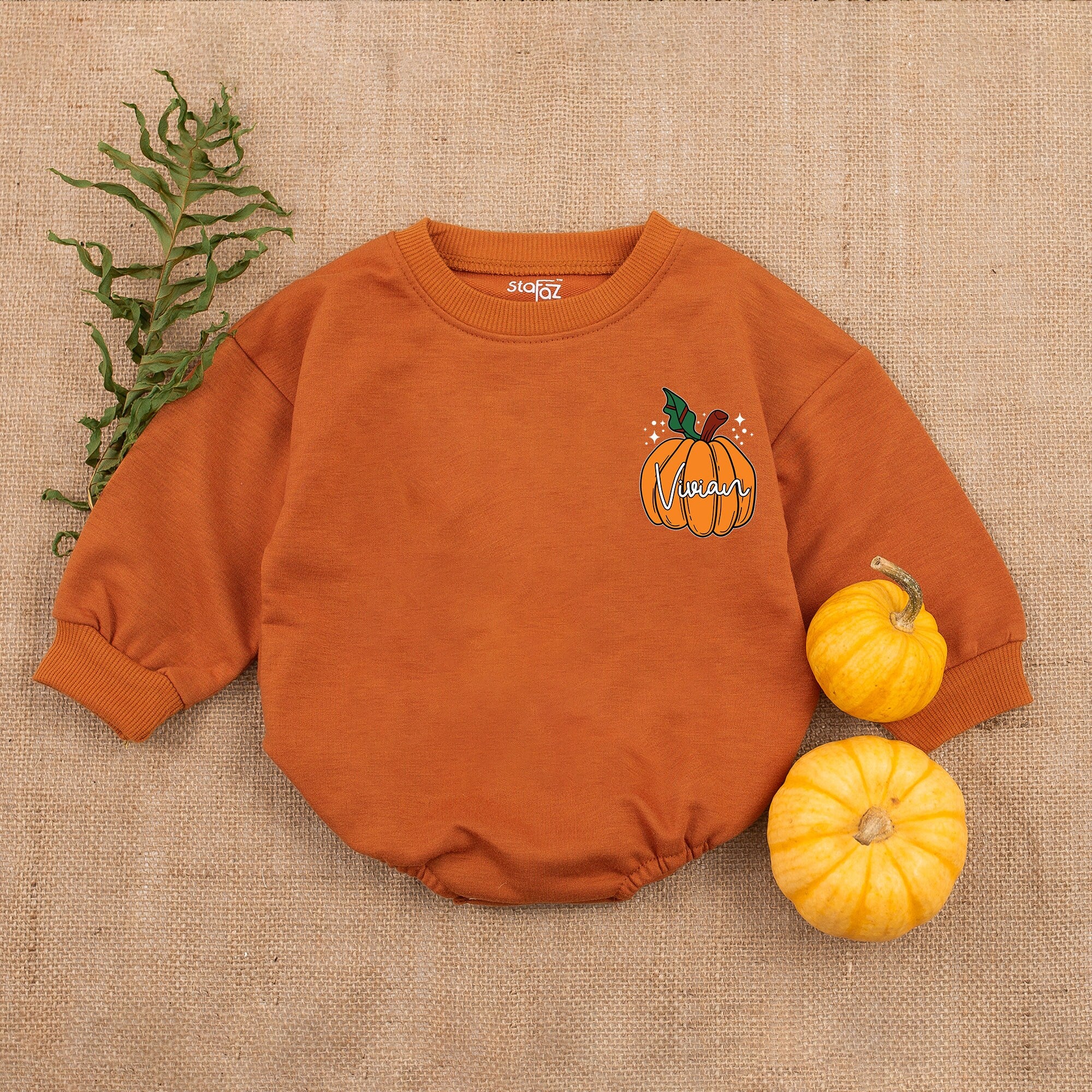 Custom Vivian Pumpkin Romper Baby Girl Thanksgiving Outfit Soft Autumn Colors Comfortable Fall Baby Clothes Personalized Seasonal Gift