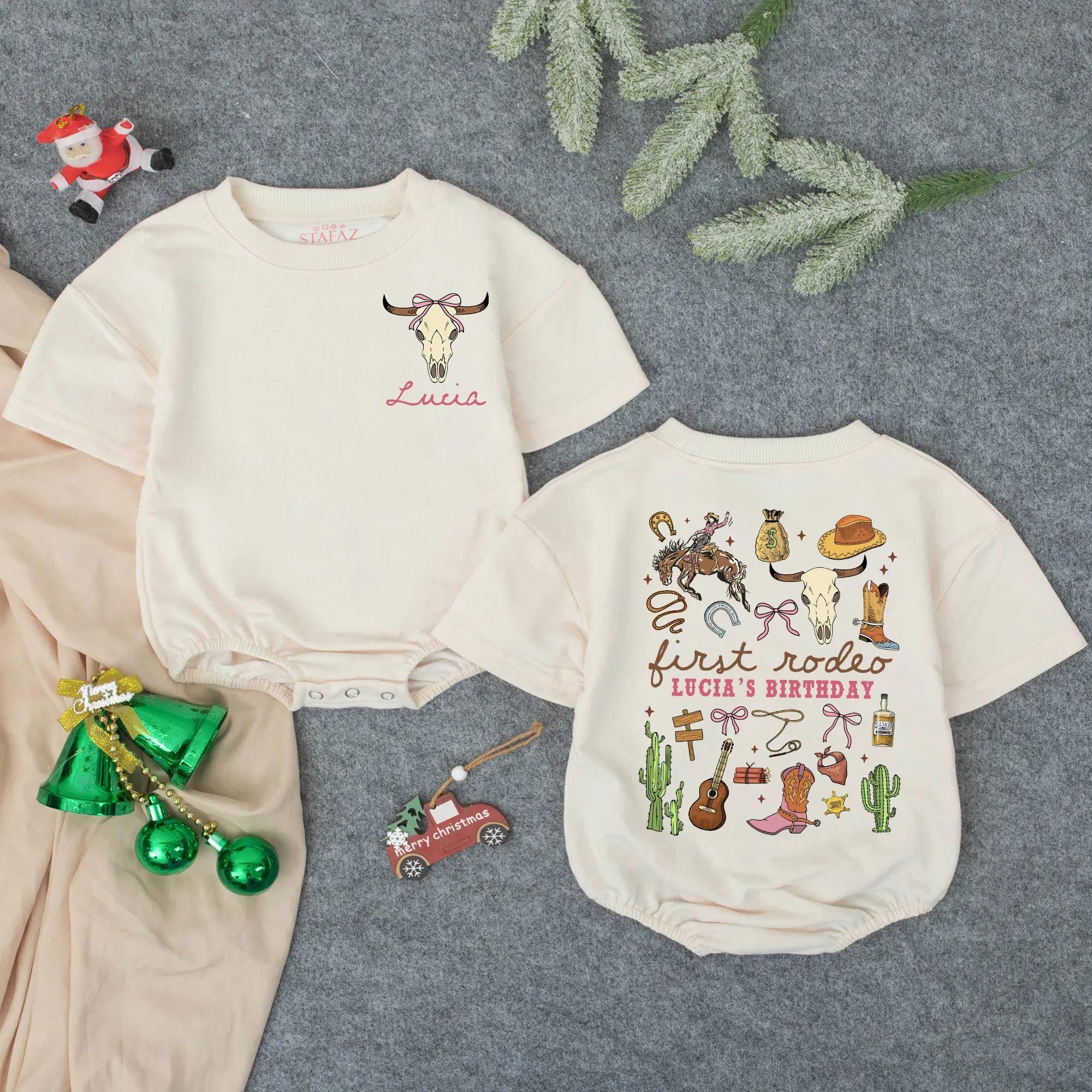 Custom Western Baby Romper with Cow Skull & Rodeo Artwork, Soft Cotton Long Sleeve Outfit for 1st Birthday, Infant Girl Gift