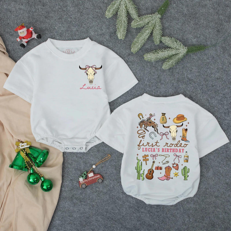 Custom Western Baby Romper with Cow Skull & Rodeo Artwork, Soft Cotton Long Sleeve Outfit for 1st Birthday, Infant Girl Gift