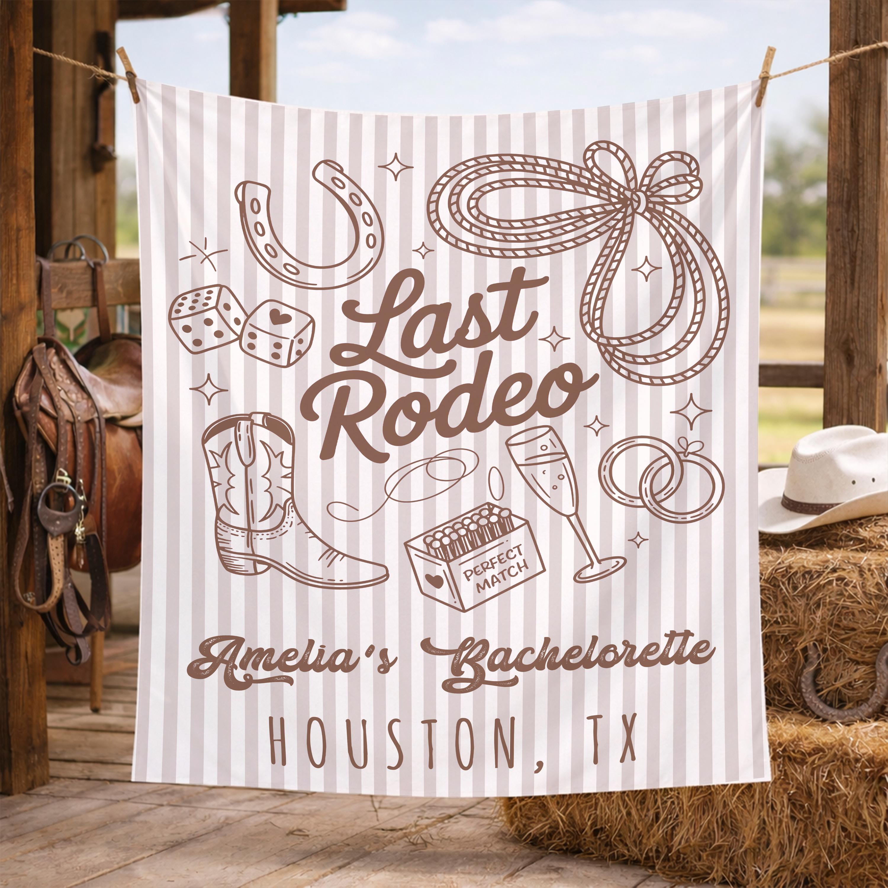 Custom Western Bachelorette Party Tapestry with Last Rodeo Design, Rustic Cowgirl Bridal Shower Banner Decor for Houston Celebration