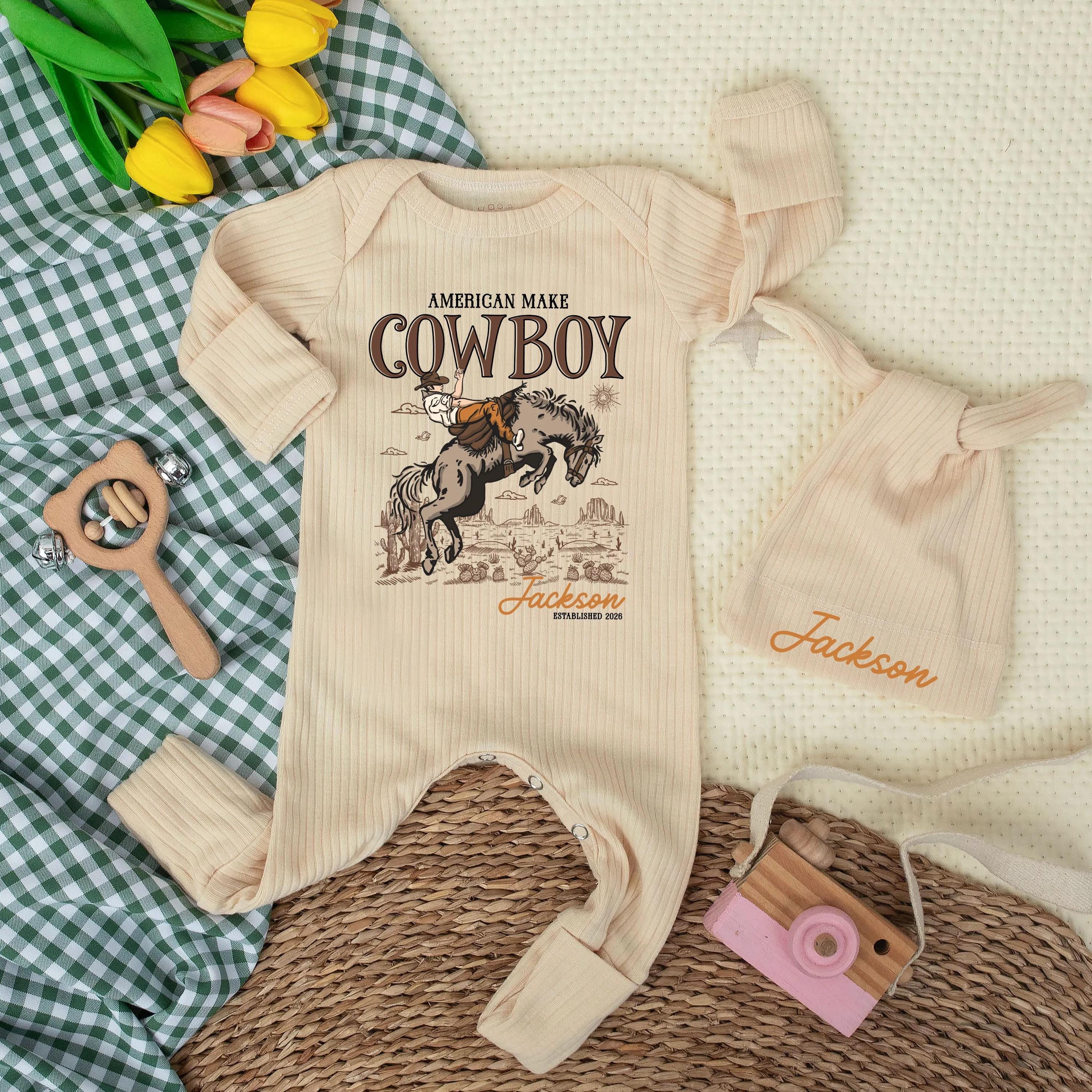 Custom Western Cowboy Baby Bodysuit with Name, Soft Cotton Newborn Outfit, Personalized Coming Home Set, Baby Shower Gift for Boys