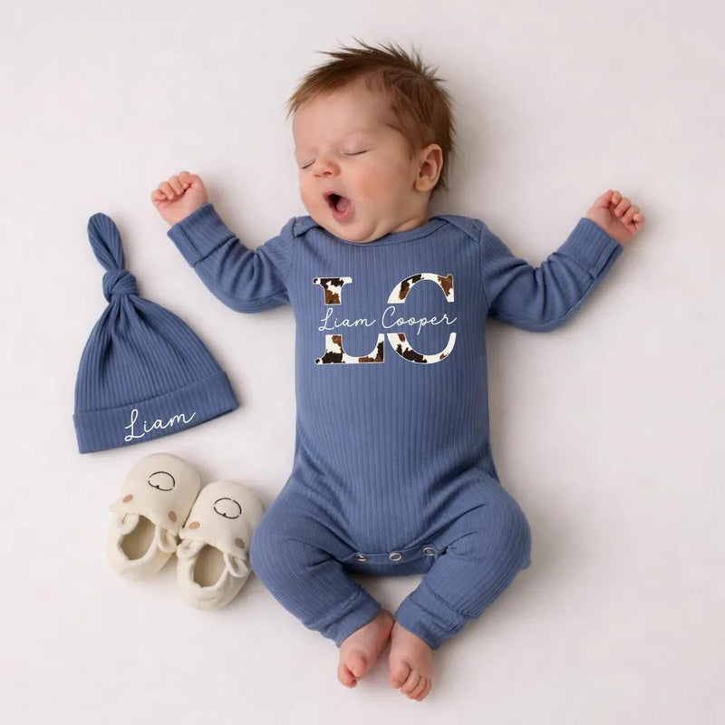 Custom Western Newborn Boy Bodysuit with Cow Print Monogram, Personalized Name Outfit, Soft Cotton Baby Coming Home Set for Farm Theme