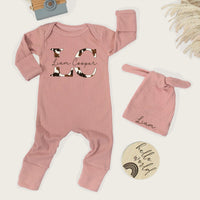 Custom Western Newborn Boy Bodysuit with Cow Print Monogram, Personalized Name Outfit, Soft Cotton Baby Coming Home Set for Farm Theme