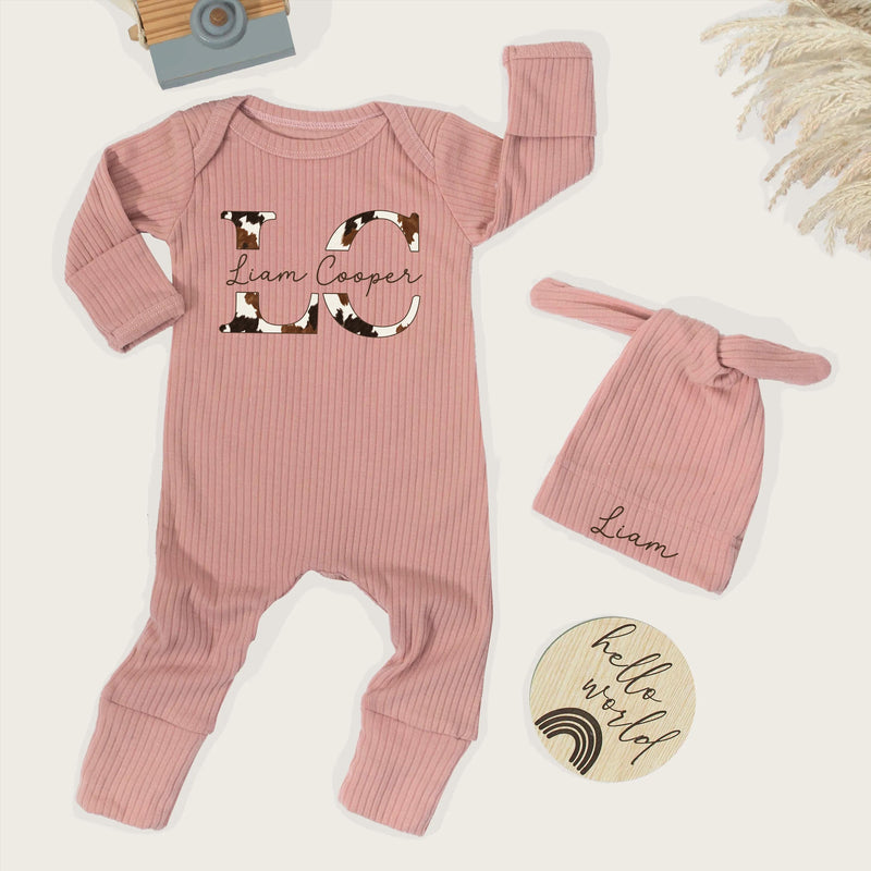 Custom Western Newborn Boy Bodysuit with Cow Print Monogram, Personalized Name Outfit, Soft Cotton Baby Coming Home Set for Farm Theme