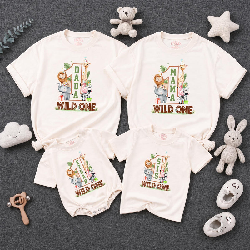 Custom Wild One Safari 1st Birthday Matching Family Shirts with Baby Romper, Soft Cotton Outfit for Mom, Dad, Siblings, and Toddler