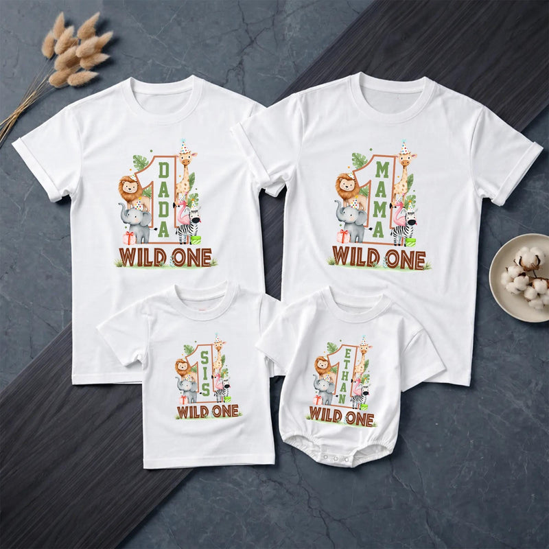 Custom Wild One Safari 1st Birthday Matching Family Shirts with Baby Romper, Soft Cotton Outfit for Mom, Dad, Siblings, and Toddler