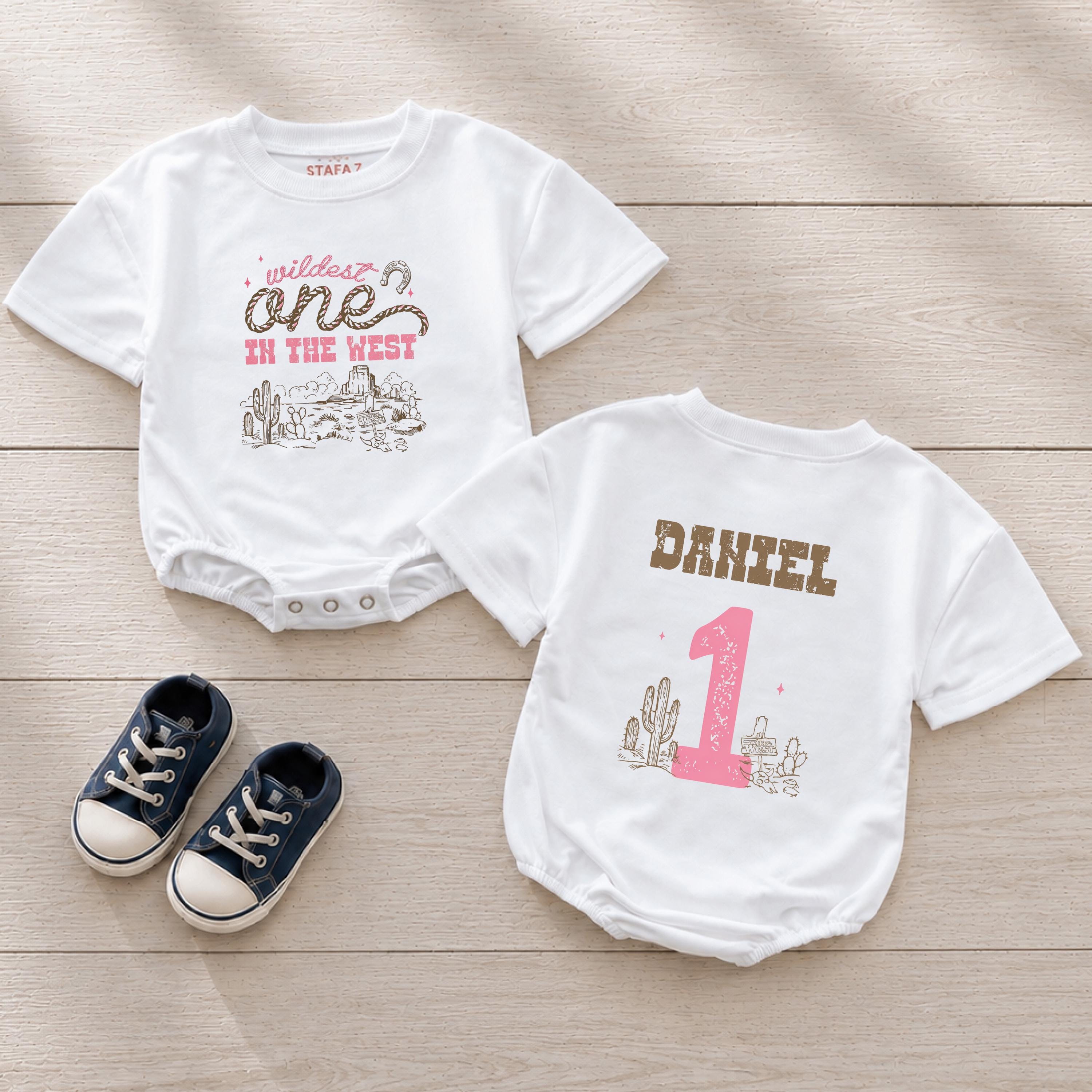 Custom Wildest One in the West Baby Romper, Personalized Cowgirl 1st Birthday Outfit, Soft Cotton Long Sleeve Western Baby Girl Romper