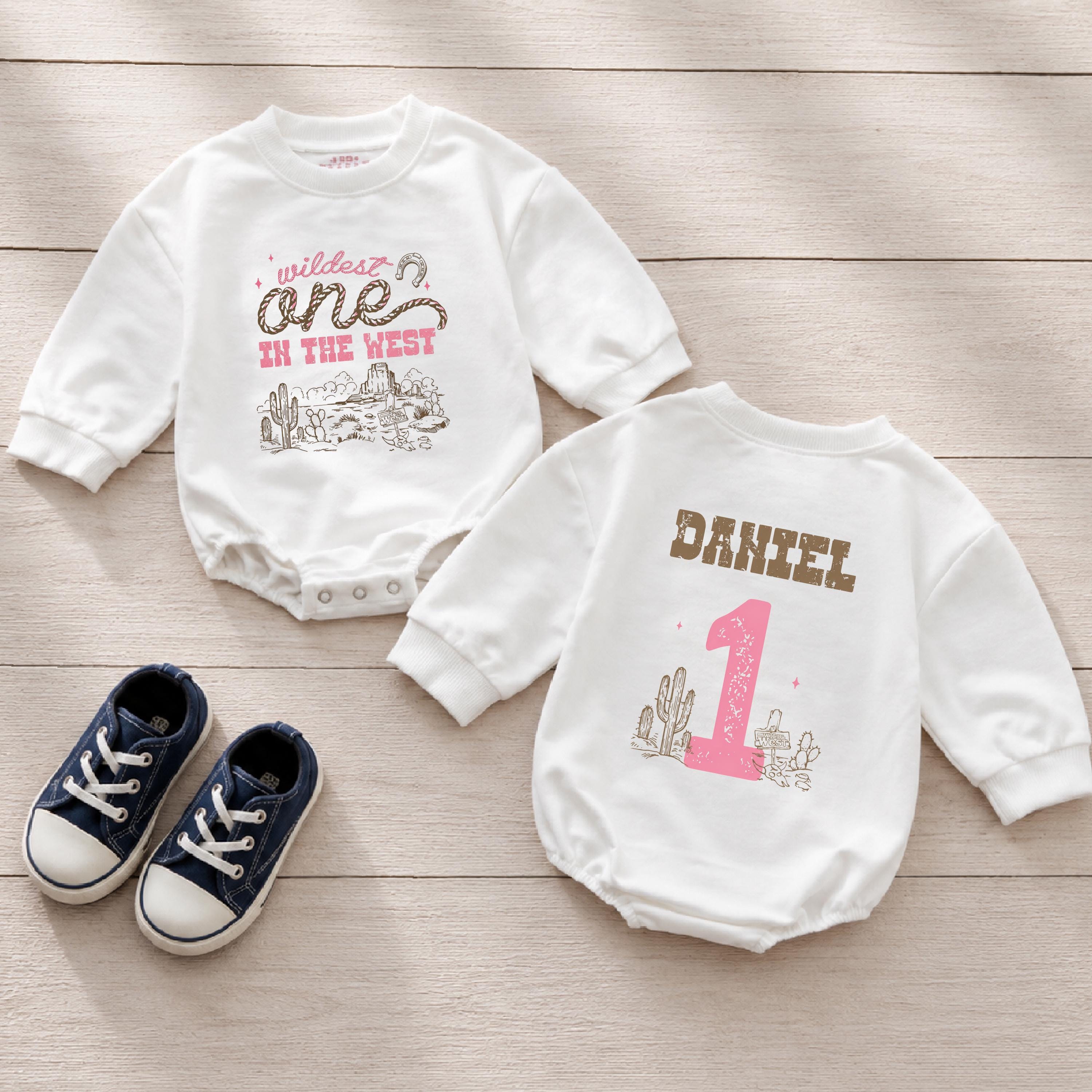 Custom Wildest One in the West Baby Romper, Personalized Cowgirl 1st Birthday Outfit, Soft Cotton Long Sleeve Western Baby Girl Romper