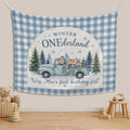Custom Winter ONEderland Silk Banner with Plaid Backdrop, Woodland Animals, and Truck Design for Baby's First Birthday Party Decoration
