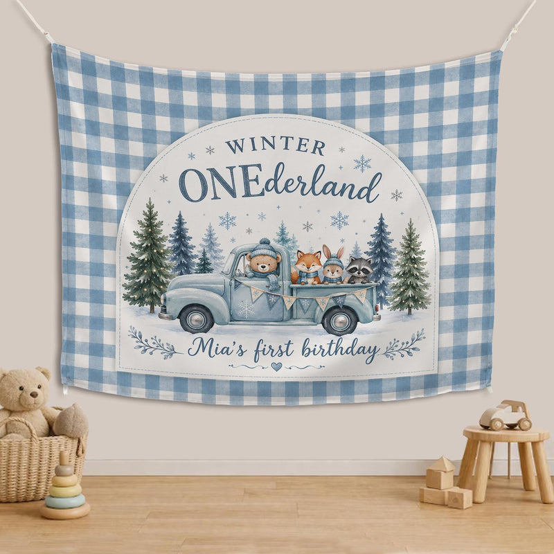 Custom Winter ONEderland Silk Banner with Plaid Backdrop, Woodland Animals, and Truck Design for Baby's First Birthday Party Decoration