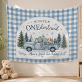 Custom Winter ONEderland Silk Banner with Plaid Backdrop, Woodland Animals, and Truck Design for Baby's First Birthday Party Decoration